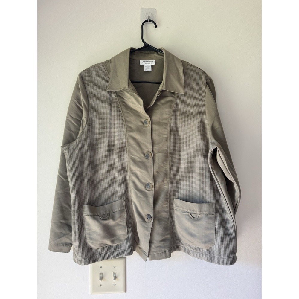 Vintage Adolfo Sport Women Jacket Size L Sage Green Utility Shacket Waffle Knit